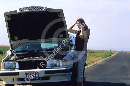 Stranded woman using a cell phone to call for help.