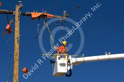 Lineworkers doing electric powerline construction in Camas County, Idaho, USA.
