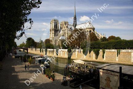 Notre Dame de Paris located along the Seine River in Paris, France.
