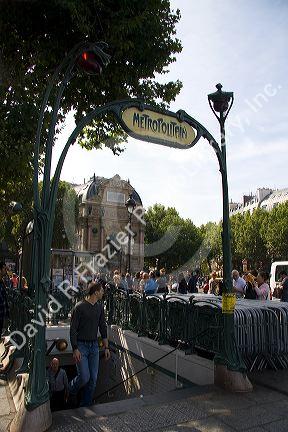 Entrance to the Metro at Place Saint-Michel in the Latin Quarter of Paris, France.