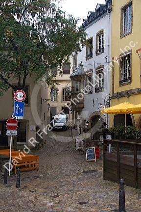 Small side street scene in Luxembourg City, Luxembourg.