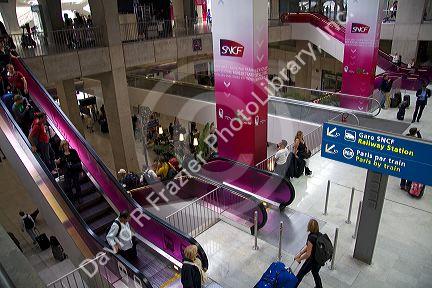 Escalator and RER Train Station located in the Paris-Charles de Gaulle Airport, Paris, France.