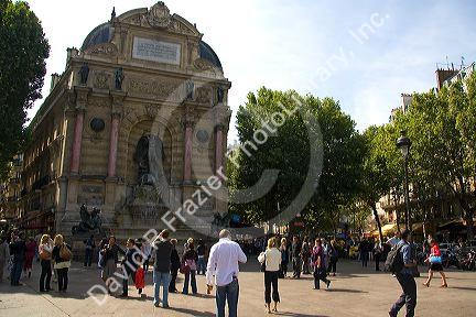 The Fontaine Saint-Michel located in the Place Saint-Michel, Paris, France.