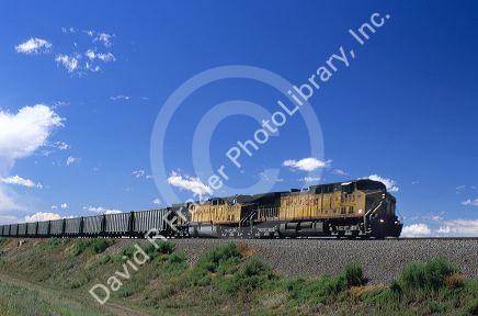 Union Pacific train traveling on a railroad track in Nebraska.