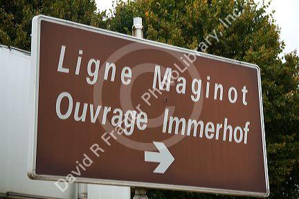 Road sign fot the Maginot Line in Alsace, northeast France.