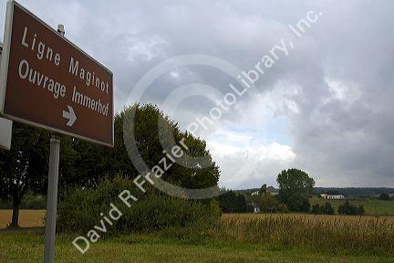 Road sign fot the Maginot Line in Alsace, northeast France.
