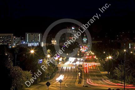 View of Capital Boulevard at night in Boise, Idaho.