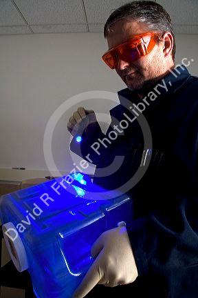 Fingerprint analyst using a colored light source to illuminate fingerprints on forensic evidence in a crime laboratory.