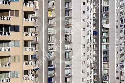 Rooms and balconies of hotels in Acapulco, Guerrero, Mexico.