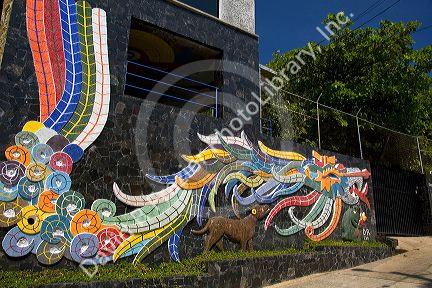 Mosaic artwork created by Diego Rivera along the outside wall of The House of the Winds where Dolores Olmedo Patino and Diego Rivera once lived, Acapulco, Guerrero, Mexico.