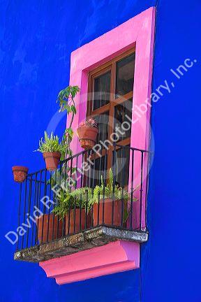Colorful window on a building in the city of Puebla, Puebla, Mexico.