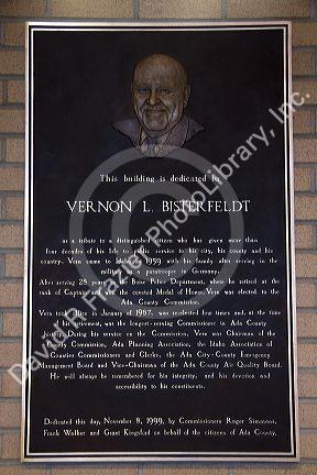 Vern Bisterfeldt memorial plaque at the Ada County Sheriff's office in Boise, Idaho, USA.