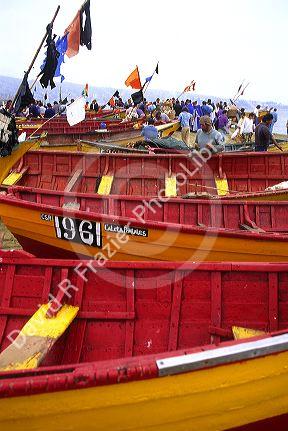 Fishing boats on the beach at Valparaiso, Chile.