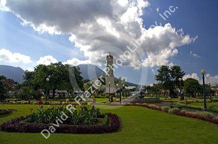 La Fortuna Church and Arenal Volcano at the town of La Fortuna, San Carlos, Costa Rica.