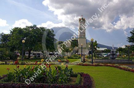 La Fortuna Church and Arenal Volcano at the town of La Fortuna, San Carlos, Costa Rica.