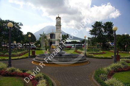 La Fortuna Church and Arenal Volcano at the town of La Fortuna, San Carlos, Costa Rica.