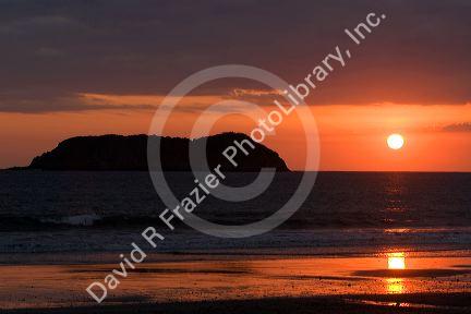 Sunset over the pacific ocean at the Manuel Antonio National Park in Puntarenas province, Costa Rica.