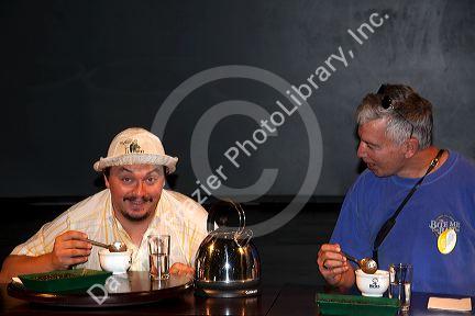 Britt coffee brewing demonstation for tourists in San Rafael de Heredia, Costa Rica.