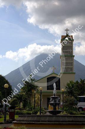 La Fortuna Church and Arenal Volcano at the town of La Fortuna, San Carlos, Costa Rica.