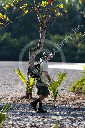 Tourist walking on the beach in the Manuel Antonio National Park in Puntarenas province, Costa Rica.