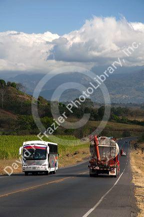 Traffic along the Pan American Highway CR1 just west of San Jose, Costa Rica.