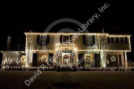 Homes decorated with holiday lights in Boise, Idaho.