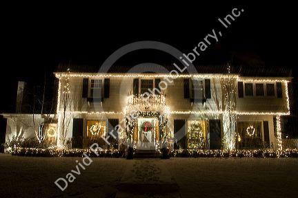 Homes decorated with holiday lights in Boise, Idaho.