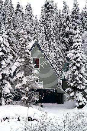 Winter weather at the Snoqualmie Pass summit along Interstate 90 through the Cascade Range in Washington, USA.