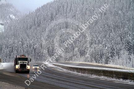 Winter weather at the Snoqualmie Pass summit along Interstate 90 through the Cascade Range in Washington, USA.