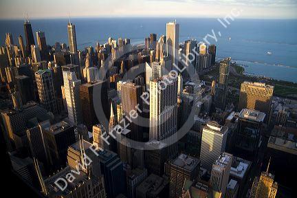 Aerial view of the city and Lake Michigan waterfront from the Willis Tower in Chicago, Illinois, USA.