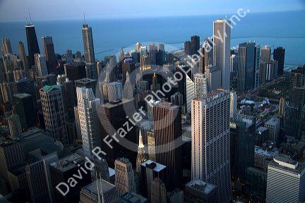 Aerial view of the city and Lake Michigan waterfront from the Willis Tower in Chicago, Illinois, USA.