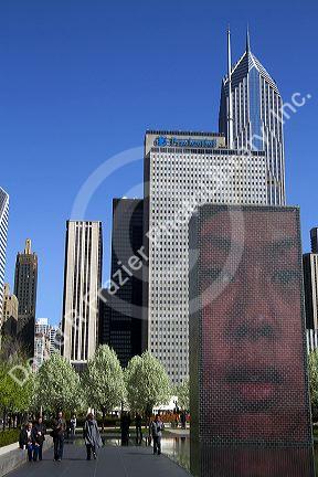 The Crown Fountain interactive public art and video sculpture in Millennium Park, Chicago, Illinois, USA.