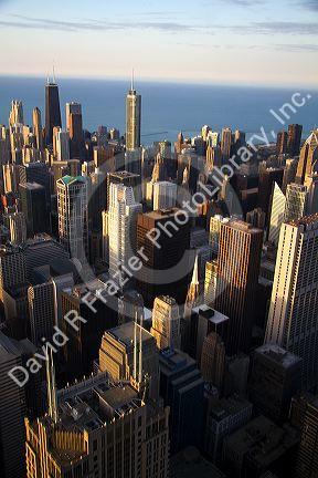 Aerial view of the city and Lake Michigan waterfront from the Willis Tower in Chicago, Illinois, USA.