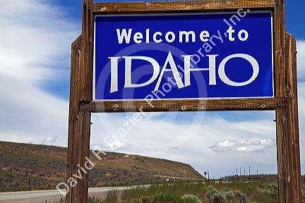 Welcome to Idaho road sign on U.S. Route 93 at Jackpot, Nevada, USA.