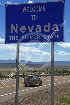 Welcome to Nevada road sign on U.S. Route 93 at Jackpot, Nevada, USA.