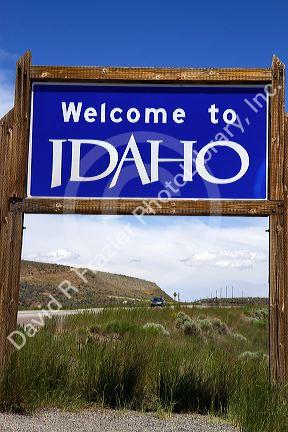Welcome to Idaho road sign on U.S. Route 93 at Jackpot, Nevada, USA.