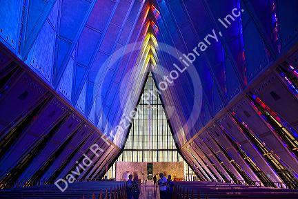 Interior of the Cadet Chapel at the Air Force Academy in Colorado Springs, Colorado, USA.
