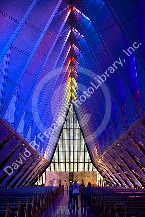 Interior of the Cadet Chapel at the Air Force Academy in Colorado Springs, Colorado, USA.