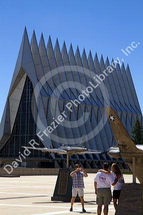 Bronze sculpure of vintage WW11 aircraft in front of the Cadet Chapel at the Air Force Academy in Colorado Springs, Colorado, USA.