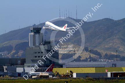 Airliner at take off from San Francisco International Airport, California, USA.