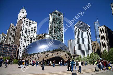 The Cloud Gate public sculpture is the centerpiece of the AT&T Plaza in Millennium Park, Chicago, Illinois.
