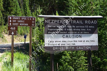Signs marking the historic Magruder Corridor road that devides the Frannk Church-River of No Return Wilderness Area and the Selway-Bitterwoot Wilderness in Idaho, USA.