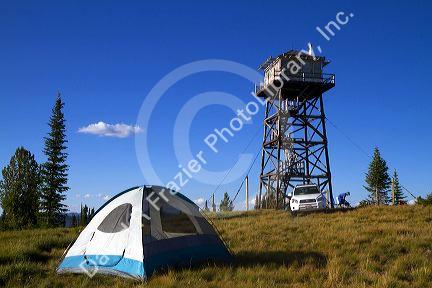 Tent camping near the Green Mountain Lookout tower along the historic Magruder Corridor road that devides the Frannk Church-River of No Return Wilderness Area and the Selway-Bitterwoot Wilderness in Idaho, USA.