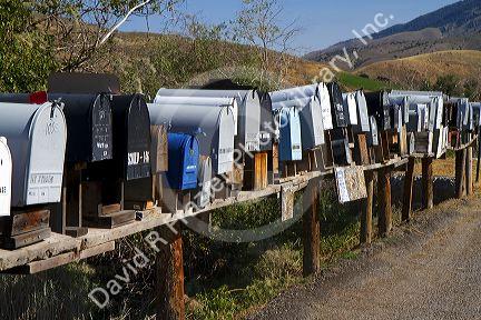 Mailboxes lined up for the delivery of mail in a rural area near Challis, Idaho, USA.