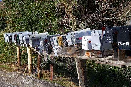 Mailboxes lined up for the delivery of mail in a rural area near Challis, Idaho, USA.