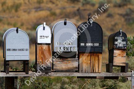 Mailboxes lined up for the delivery of mail in a rural area near Challis, Idaho, USA.