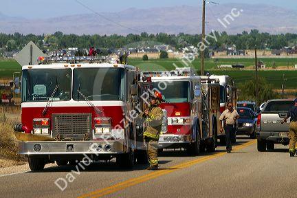 Firefighters staged at a wildfire near Boise, Idaho, USA.