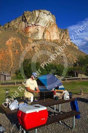 Tent camping and cooking at a campsite along the Salmon River near Salmon, Idaho, USA. MR