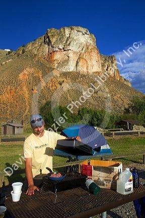 Tent camping and cooking at a campsite along the Salmon River near Salmon, Idaho, USA. MR