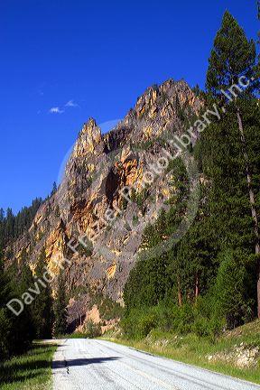 Road passing through Painted Rocks State Park in the Bitterroot National Forest near Darby, Montana, USA.
